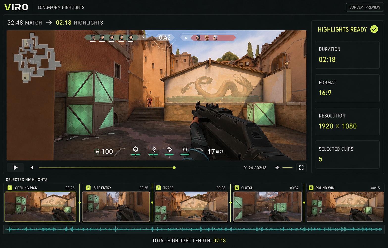VIRO concept showing selected VALORANT moments edited into one long-form highlight