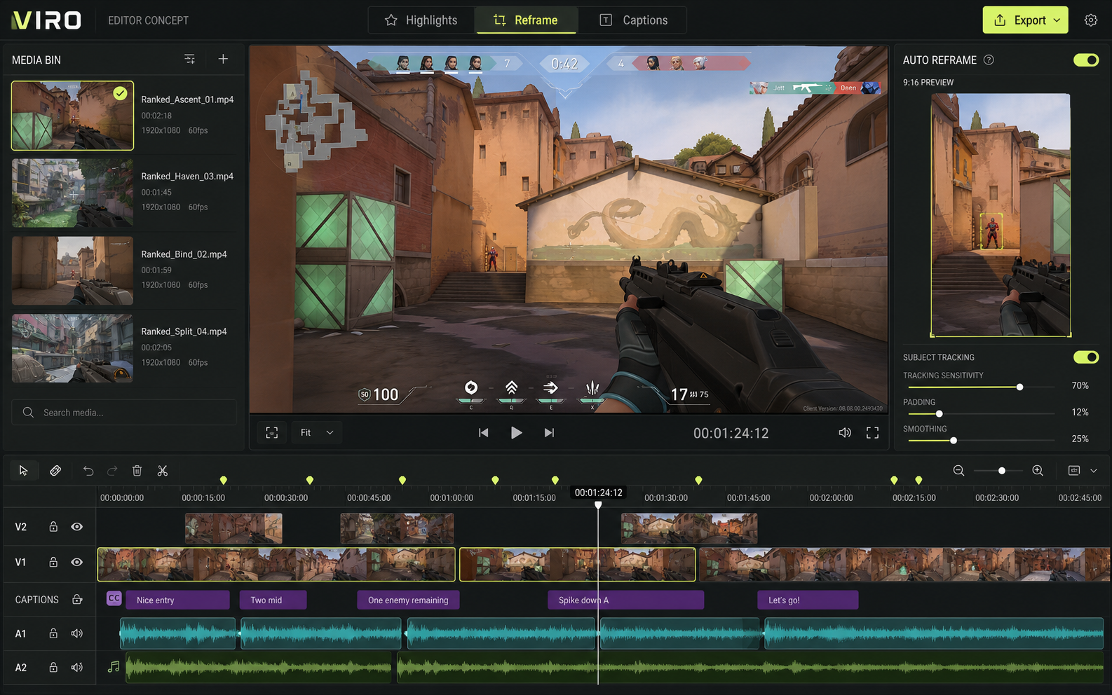 VIRO editing screen concept with VALORANT gameplay, a vertical short preview, and video, caption, and audio timelines